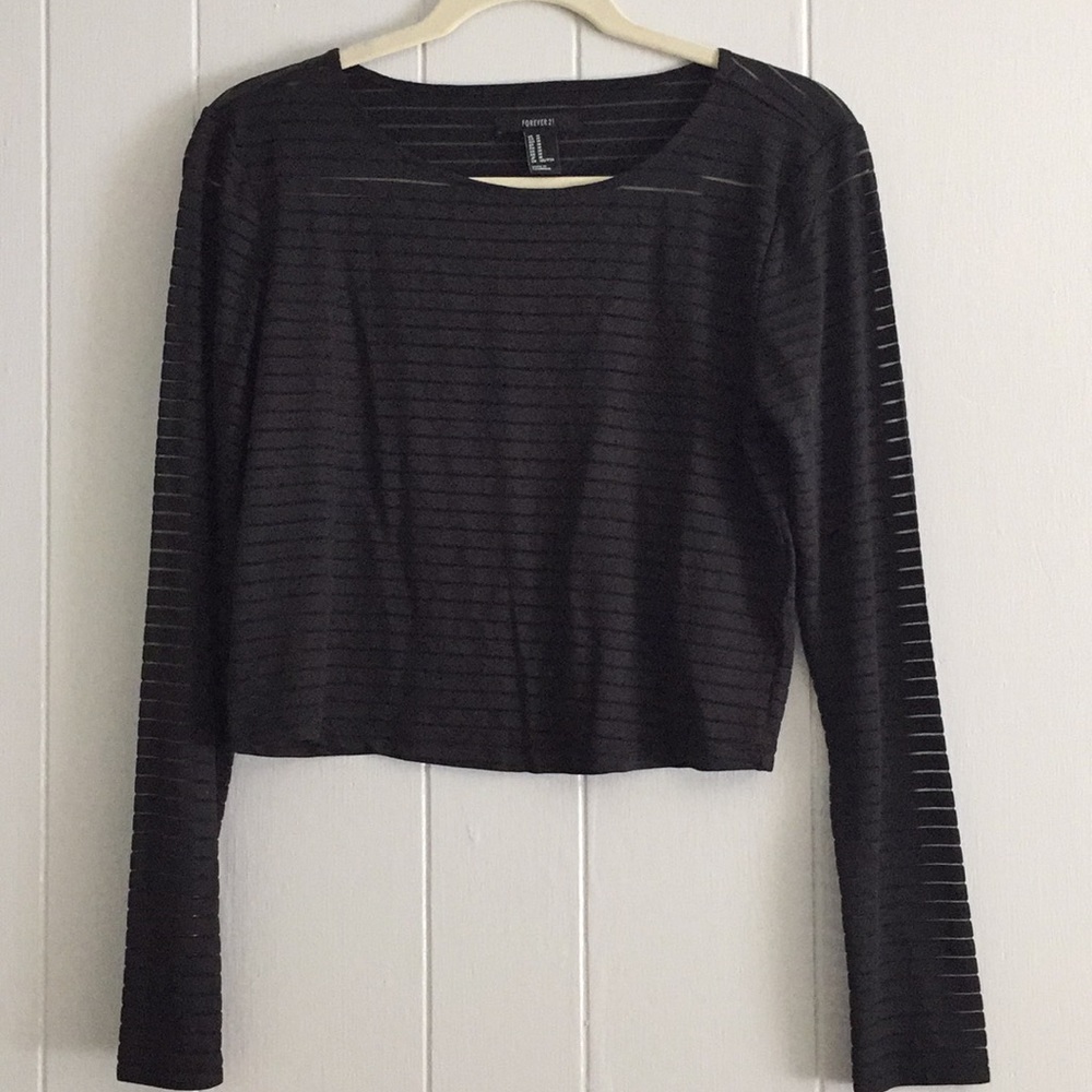 Black long sleeve cropped mesh detail top